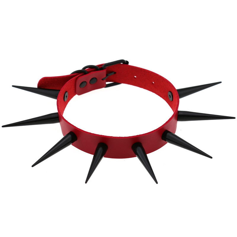 Goth Punk Spike Choker - أحمر طويل سبايك المختنق الشرير طوق