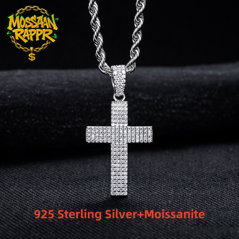 925 Sterling Silver Chain Necklace Men - MossanRappr مويسانيتي بلينغ الصليب قلادة مثلج
