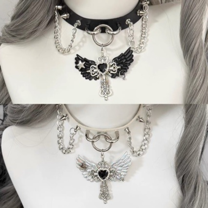 Layered Pendant Necklace Aesthetic - قلادة على شكل جناح ملاك وصليب